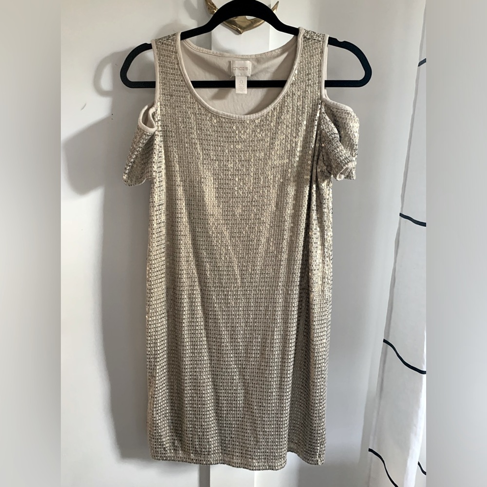 Chico’s Gold Sequin Cold Shoulder Dress 0P/S/4P Short Sleeve Knee Length Lined